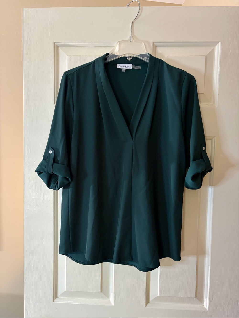 Calvin Klein Forest Green V-Neck Blouse Roll-Tab Sleeves Size S